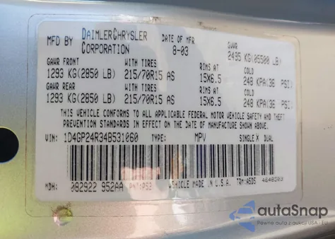 2004 Dodge Grand Caravan Se z USA, uszkodzony, nr VIN 1D4GP24R34B531060